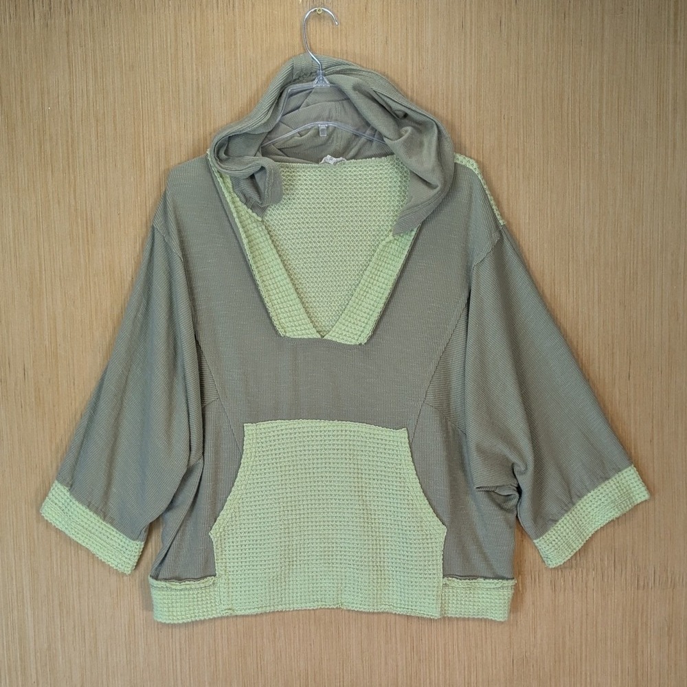 POL Waffle Knit Hoodie Women's Small‎ Sage Green Boho Oversized Colorblock Cozy